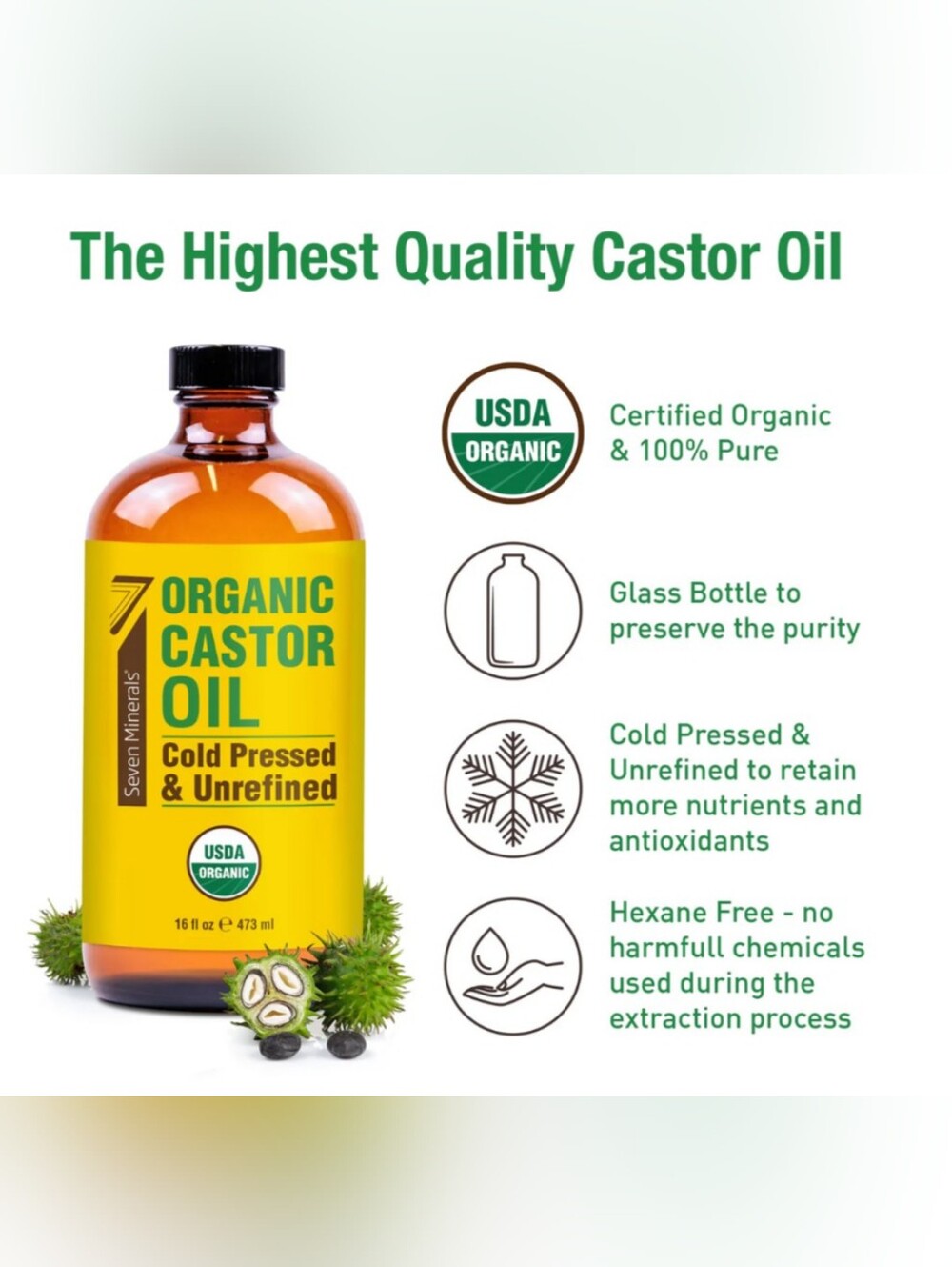 16oz Glass Bottle Castor Oil USDA Organic, Cold Pressed, Unrefined W/ Pump
